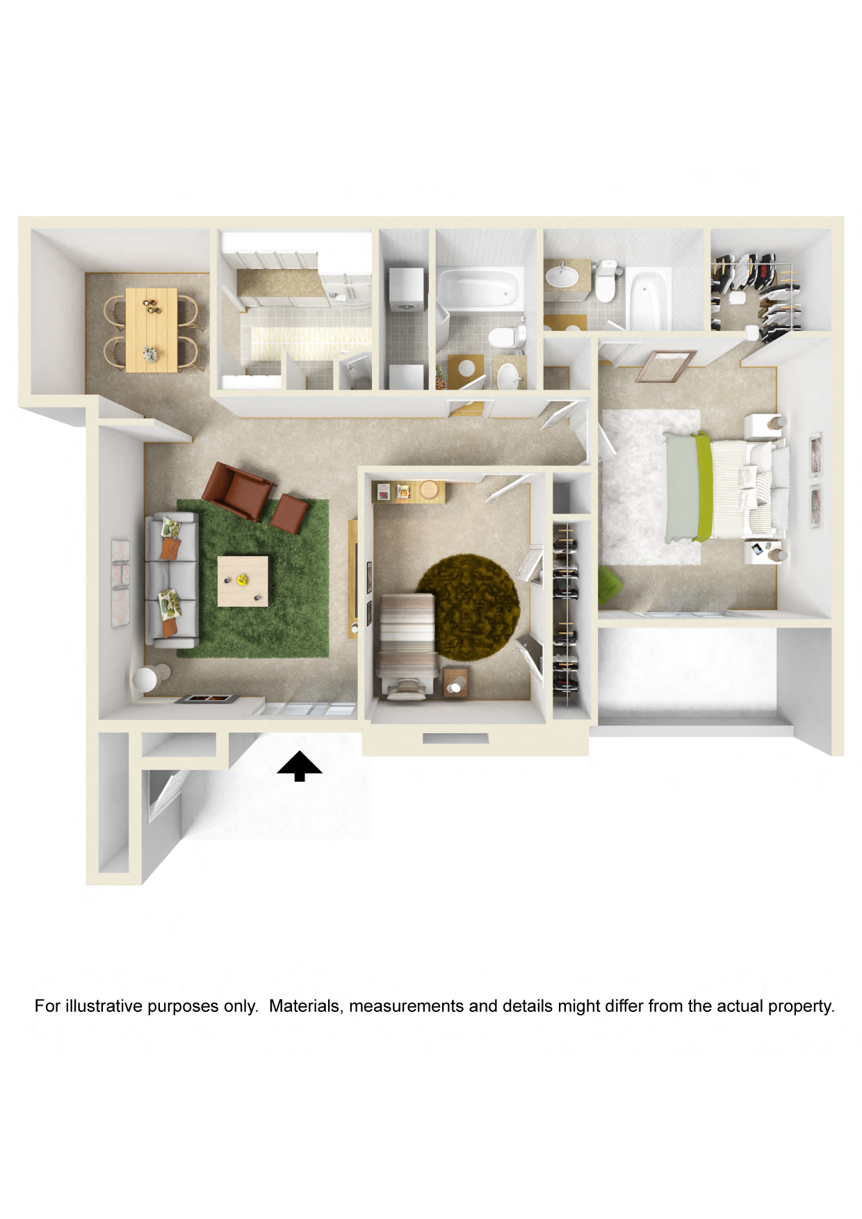 Floor plan for 2 beds, 2 baths, 950 sqft